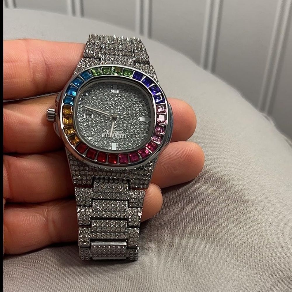 Iced Out Stainless Steel Bust Down Watch Simulated Diamond Quartz Luxury Bling